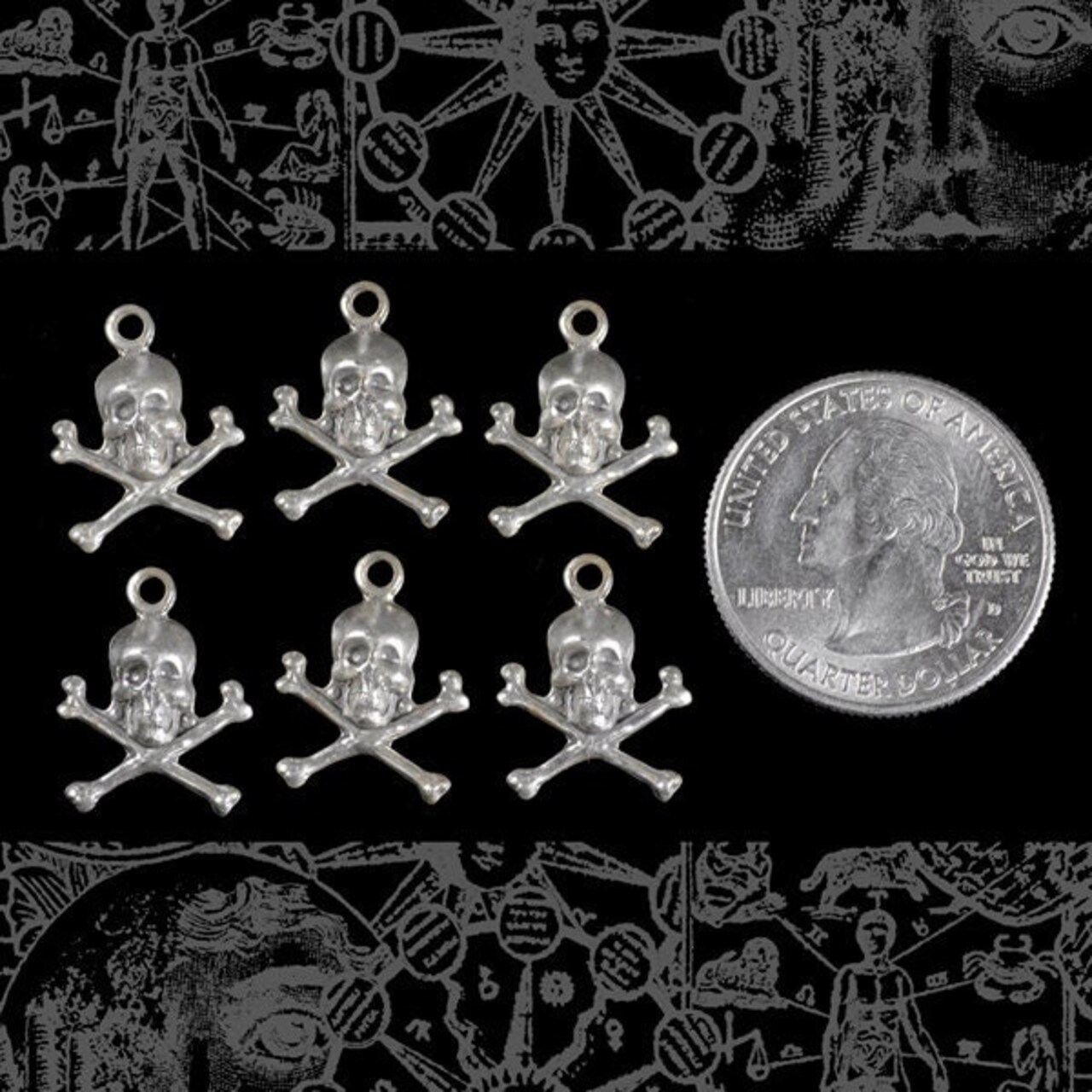 Antiqued Silver Plated Brass Skull and Crossbones Charms Stampings - Set of Six - S-C26